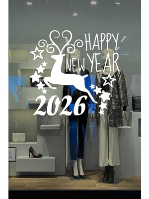 Tr 2026 Yılbaşı Vitrin Sticker, Geyik ve Happy New Year Temalı, Kendinden Yapışkanlı Folyo Ca