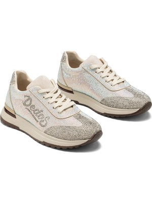 Dedos Kadın Bej Taşlı Spor Ayakkabı Hafif Taban Bağcıklı Yürüyüş Ayakkabısı Sneaker