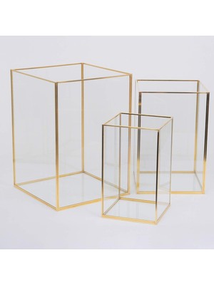 Tr Mumluk Cam Pirinç Gold Fanus Teraryum Geometrik Yapımı Dekoratif 3 Parça