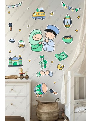 Tr Dua Eden Çocuklar Ramazan Temalı Duvar Sticker Seti, 41 Parça, Çocuk Odası Cam Duvar Süsler