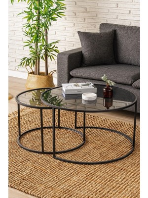 Maison Luré - Tokyo Orta Sehpa 80 cm Yuvarlak Füme Kırılmaz Cam 2 Li Sehpa Takımı