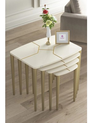 Maison Luré Üst Kalite Mdf 4lü Zigon Sehpa Takımı Krem Gold Ayak