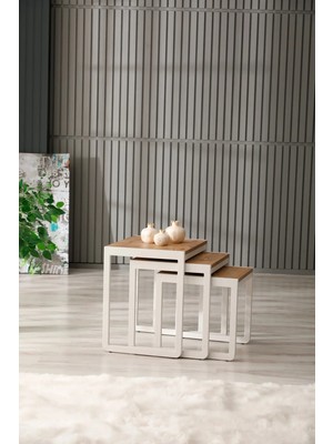 Maison Luré Üçlü Zigon Sehpa 50X40X52/45X40X46/40X40X40 Beyaz Atlantik Çam