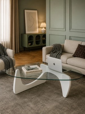 Maison Luré Yeni Nesil Modern Asimetrik Cam Orta Sehpa, Beyaz