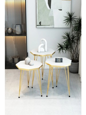 Maison Luré 3'lü Sekizgen Zigon Sehpa Seti - Gold Metal Ayaklı
