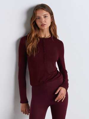 Dilvin 31544 Düğmeli Uzun Kollu Top-Bordo