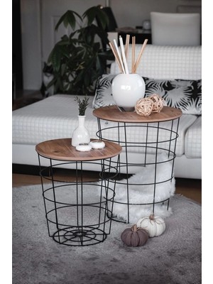 Maison Luré 2li Zigon Metal Sepet Ahşap Orta Sehpa Siyah