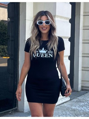 Oada Kadın Kısa Kollu Queen Baskı Iki Iplik Mini Elbise
