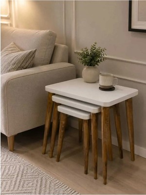 Maison Luré 3'lü Zigon Sehpa Seti Ahşap Ayaklı Beyaz Modern Tasarım