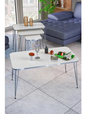 Maison Luré Zigon Sehpa Kr ve Orta Sehpa Kr Set Gümüş Beyaz Tel