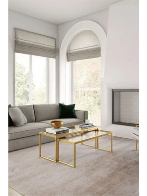 Maison Luré Gold Renk 2’li Metal Iskeletli Temper Camlı Zigon Orta Sehpa