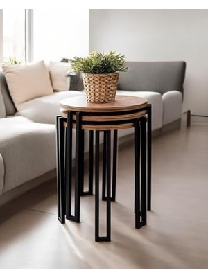 Ertürk Store Çam Ahşap Tablalı, Metal Ayaklı Dekoratif 3'lü Zigon Sehpa Seti