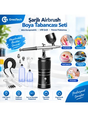 GreaTech Şarjlı Airbrush Boya Tabancası Seti Kompresörlü Tırnak Sanatı, Hobi Boyama, Pasta Süs, Nemlendirici Sprey