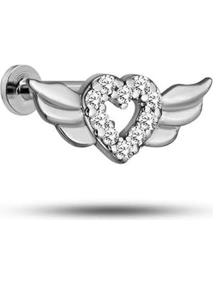Ertürk Store 925 Ayar Rodyumlu Gümüş Kanatlı Kalp Tragus Piercing Küpe