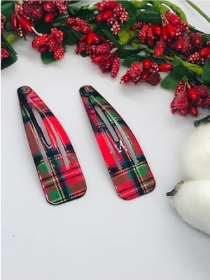 Ertürk Store Kırmızı Ekose Desenli Çıtçıtlı Saç Tokası, 2'li, 7 Cm, Tek Ebat