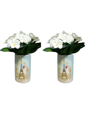 Ertürk Store 2 Adet Vazo Dahil, Beyaz Yapay Çiçekli Dekoratif Romantik Yeşil Model 7X7X16 cm