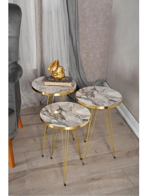 Maison Luré 3'lü Zigon Sehpa Seti 33 cm Gold Tel Ayaklı Gri Mermer 56 x 35 cm 3 Parça