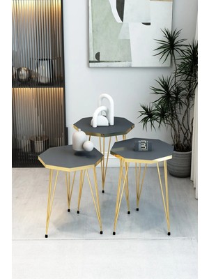 Maison Luré 3'lü Sekizgen Zigon Sehpa Seti - Gold Metal Ayaklı