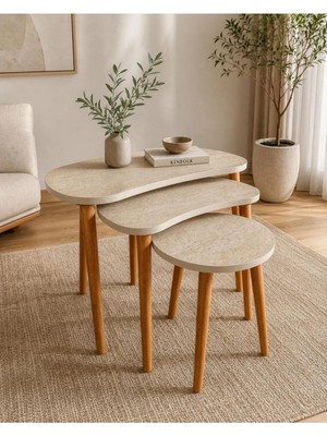 Maison Luré 3'lü Zigon Sehpa Ahşap Ayaklı Traverten
