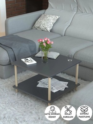 Maison Luré Ahşap Ayaklı Kare Orta Sehpa Iki Raflı Gazetelikli Antrasit 60X60