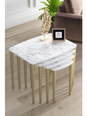 Maison Luré Üst Kalite Mdf 4lü Zigon Sehpa Takımı Beyaz Mermer Desenli Gold
