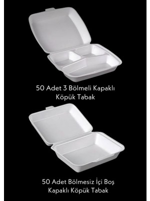 Özkan Ambalaj Temizlik 50 Adet 3 Bölmeli Köpük Tabak + 50 Adet Içi Boş Kapaklı Köpük Tabak Paket Servis Tabağı Mevlüd Tabağı