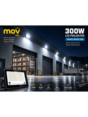 Mov 300W LED Projektör 6500K Beyaz Işık 30.000 Lümen Dış Mekan