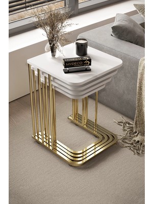 Maison Luré 4'lü Tekerlekli Zigon Sehpa Beyaz Tabla Gold Ayak