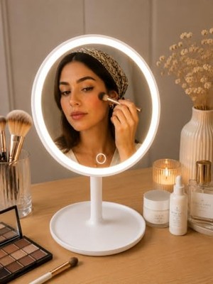 Dokunmatik LED Işıklı Masaüstü Makyaj Aynası Şarjlı Beyaz