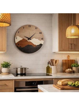 Modern Ahşap Duvar Saati, Dağ Motifli 50 cm Tasarım ile Zamanı Takip Edin