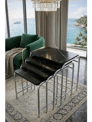 Maison Luré 4'lü Zigon Sehpa Metal Krom Nikel Ayaklı Siyah Mermer