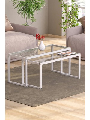 Maison Luré Modern Beyaz 2’li Metal Iskeletli Temper Camlı Zigon Orta Sehpa