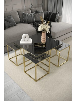 Maison Luré 5'li Gold Kaplama Füme Aynalı Orta Sehpa & Zigon Sehpa Takımı
