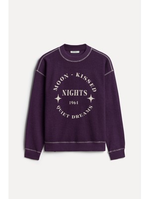 Mudo Kadın Mor Baskılı Loose Fit Bisiklet Yaka Sweatshirt