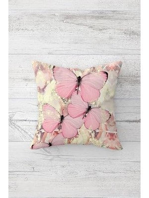 Ertürk Store Yastık; Pelangi Uçuşan Kelebek Desenli Çift Tarafı Baskılı Gizli Fermuar Kılıfı Kırlent Koltuk Yastık Kılıfı, Pembe 45 x 45