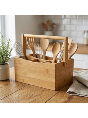 Deconox 4 Bölmeli Bambu Kaşıklık ve Organizer - Tezgah Üstü Çatal Bıçak Düzenleyici Taşıma Kulplu Servis Standı (23 x 16 x 12 Cm)