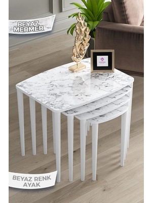 Maison Luré Mdf 1.sınıf 4lü Beyaz Mermer Desen Zigon Sehpa Takımı