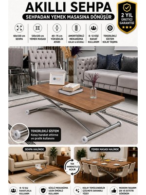 Maison Luré Akıllı Sehpa Üst Tabla Mdf Ceviz Oval Köşe Alt Krom Kaplama Orta Sehpa