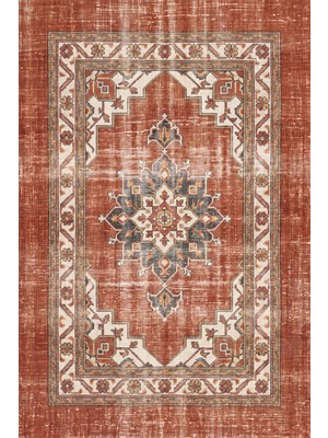 Rugzella Cerussite Vintage Eskitme Madalyon Desenli Pas Kiremit Krem Turuncu Salon Yıkanabilir Halı