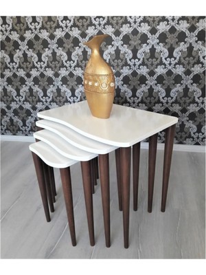 Maison Luré 4'lü Zigon Sehpa Takımı Üst Tabla Beyaz Ayaklar Ceviz