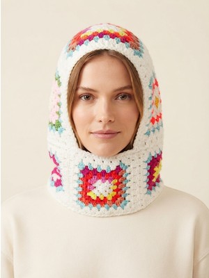 Daisy Tasarım El Örgüsü Motifli Balaklava, Kadın Handmade Tığ Işi Kapşonlu Bere ve Boyunluk, Granny Square Kışlık Şapka