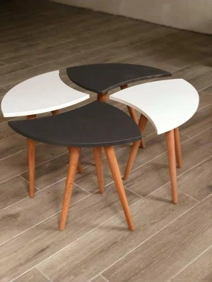 Maison Luré 4'lü Renk Kombinli Zigon Sehpa - Beyaz & Siyah, Ahşap Ayaklı