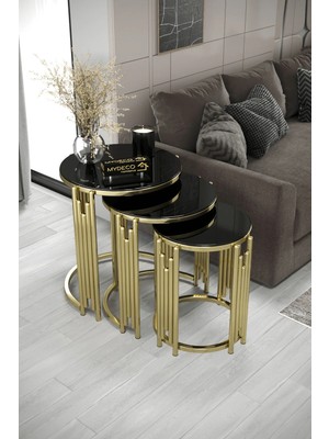 Maison Luré Piyano 3'lü Gold Siyah Zigon Sehpa Takımı