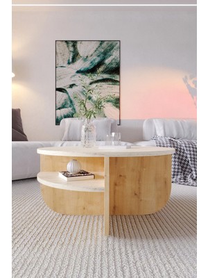 Maison Luré Rubo Orta Sehpa Raflı Iskandinav 72 cm Bohem Traverten Safir Meşe