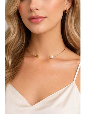 Fm 💎 Premium Parlak ve Şık Gold Renk & Model İnci Detaylı Minimal Boyunluk Kadın Çelik Kolye (40 cm)