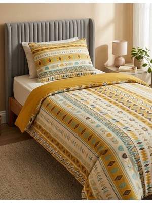 F.ACAR Home Collection Modern Etnik Desenli Tek Kişilik Nevresim Takımı & Yastık Kılıfı Seti