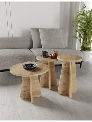 Maison Luré 3lü Zigon Sehpa Beyaz Ceviz Meşe Traverten Desenli Mdf