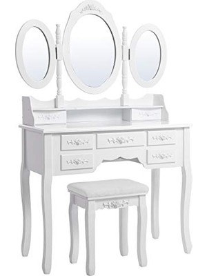 Ertürk Store 3 Aynalı ve Tabureli Tuvalet Masası; 7 Çekmece, Eğim Koruması, Lüks, 145 x 90 x 40 Cm, Beyaz RDT91W
