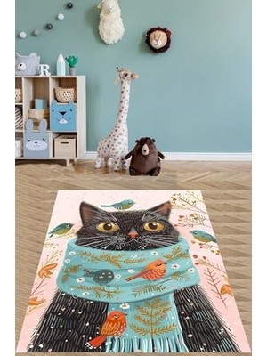 Ertürk Store Atkılı Kedi ve Serçe Kuşları Desenli Yıkanabilir Kaymaz Taban Leke Tutmaz Çocuk Odası Halısı, 40 x 40