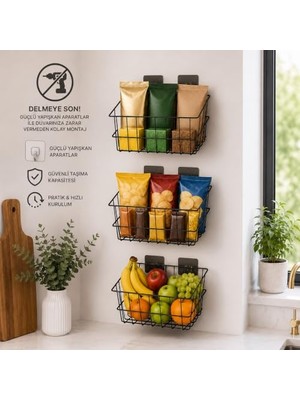 Ertürk Store 21X21 cm Yapışkanlı Duvar Sepeti 3'lü Set - Ekonomik Ev, Banyo ve Ofis Düzenleyici Metal Tel Sepet Kombini (Siyah)